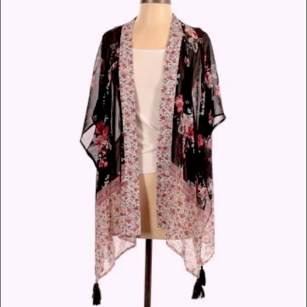 Sheer Black Floral Kimono w Fringe Detail